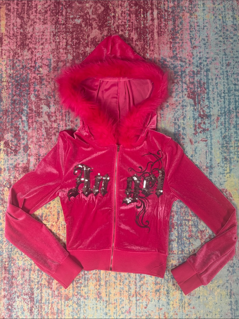 💜SHEIN Hot Pink Velour Hooded Zip-Up Jacket with Faux Fur Trim